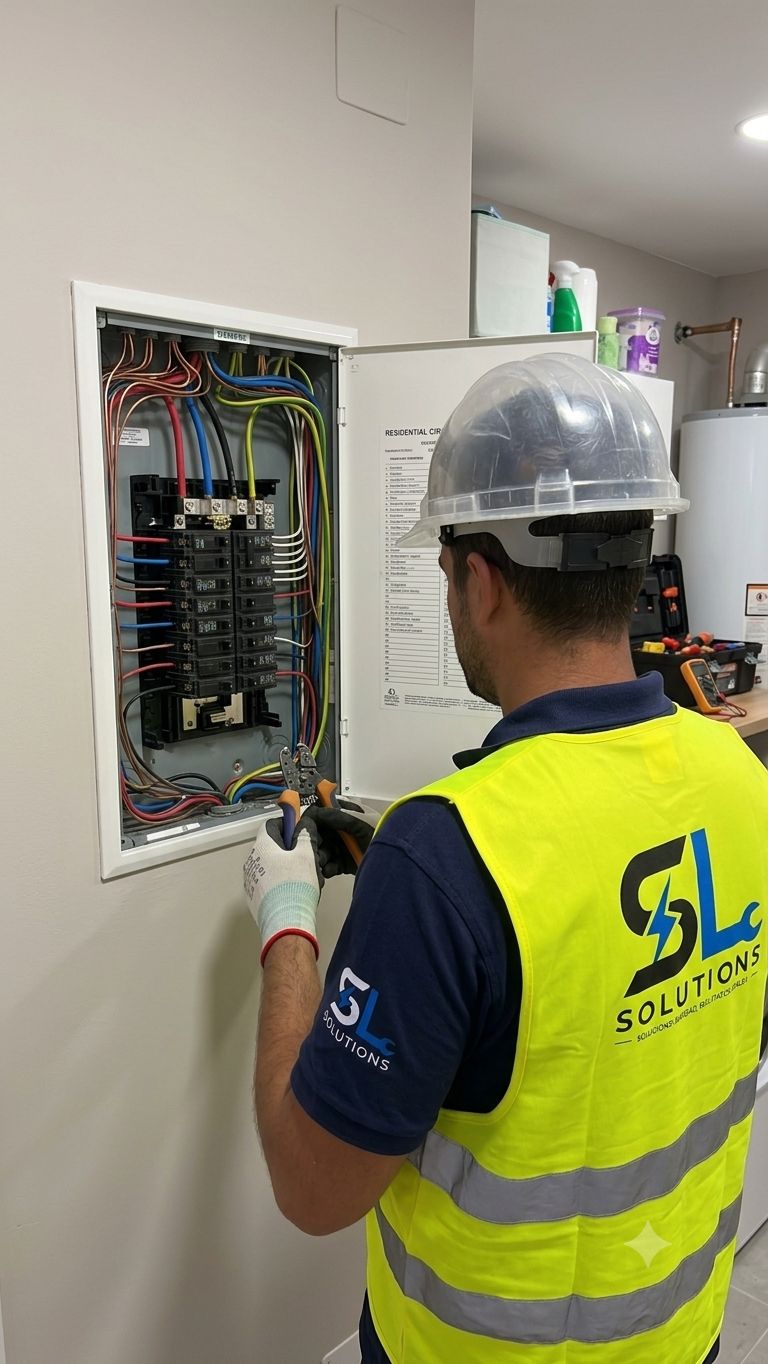 Técnico certificado de SL Solutions trabajando en cuadro eléctrico